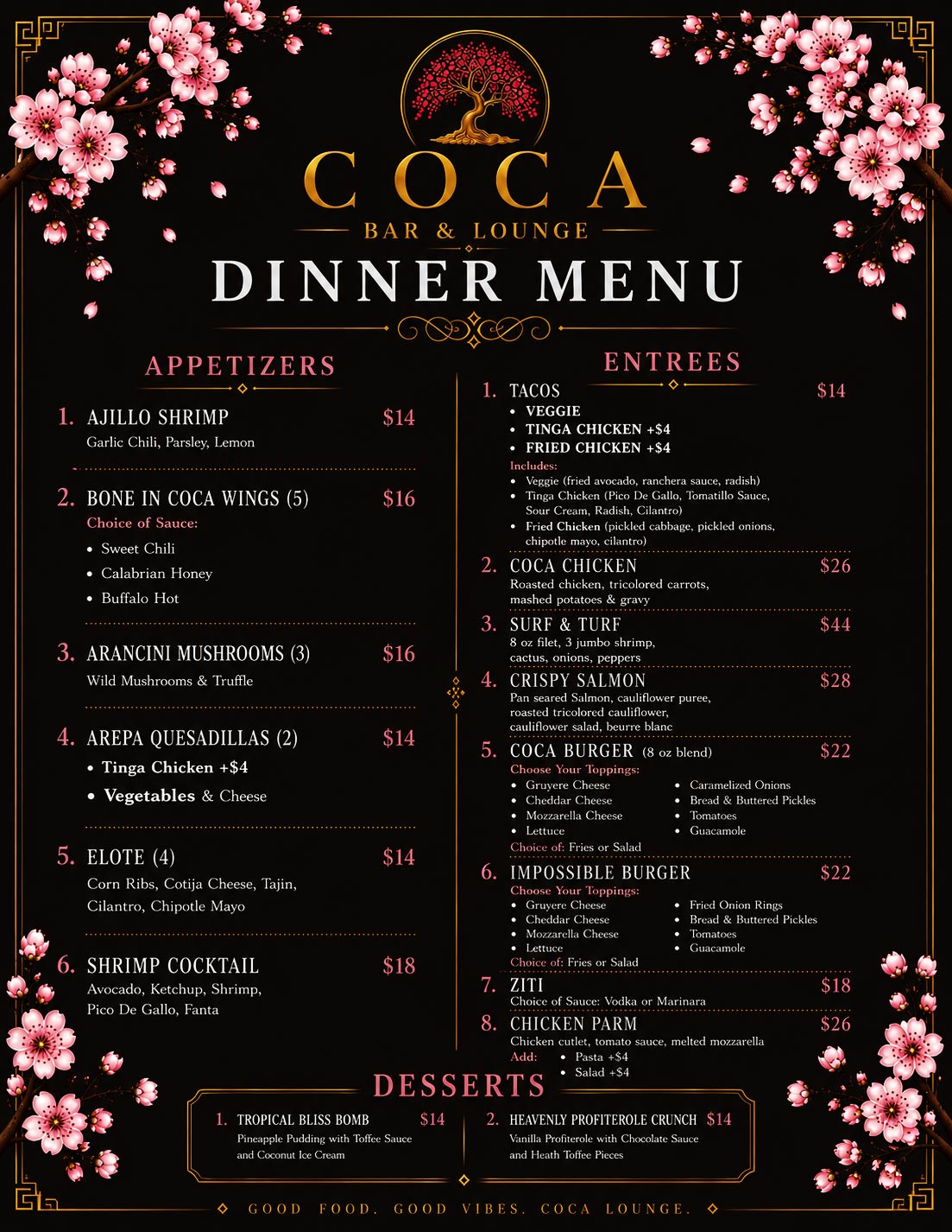 Coca Lounge Dinner Menu